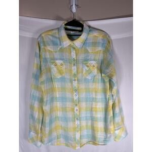 Ariat Women’s Yellow Metallic Snap Button Down Shirt Large Western Top Rodeo